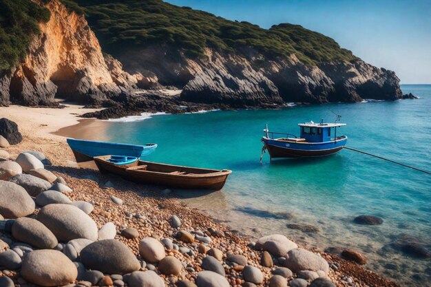 Photo deux bateaux sont amarrés sur la plage et l'un est bleu.