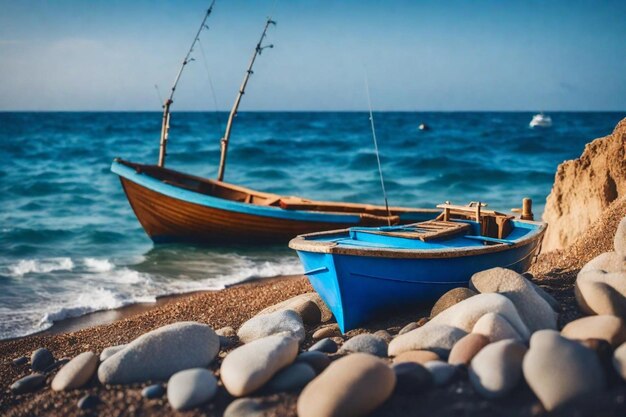 deux bateaux sont sur la plage et l'un est bleu et l'autre est un bateau avec un blanc