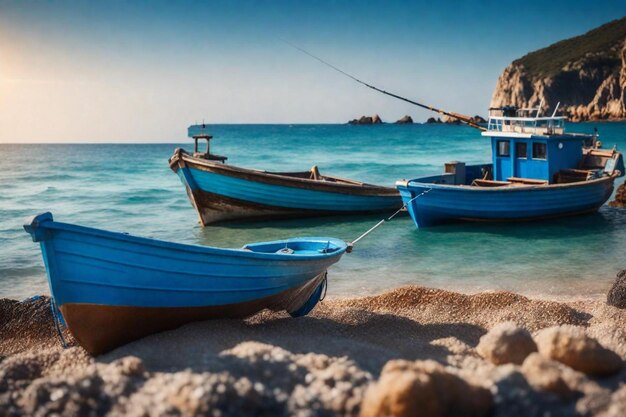 Photo deux bateaux sont sur la plage et l'un est bleu.