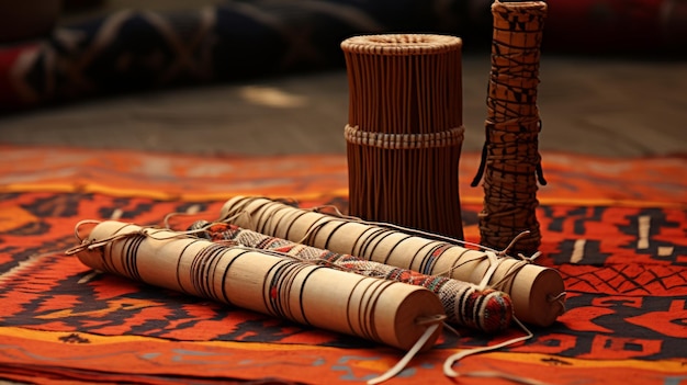 Deux bâtons délicatement perchés sur un tapis tissé coloré