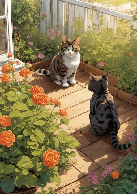 deux beaux chats dans le jardin