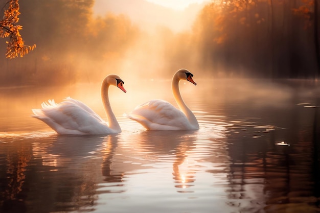 Deux beaux cygnes blancs nagent sur le lac de montagne le matin brumeux à l'aube
