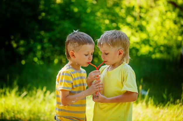 Deux beaux enfants, amis garçons, eau potable dans le parc