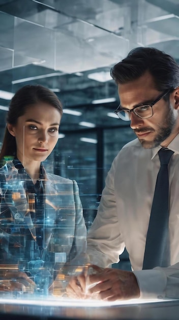 Deux beaux hommes d'affaires travaillant sur un hologramme à exposition multiple de projet technologique.