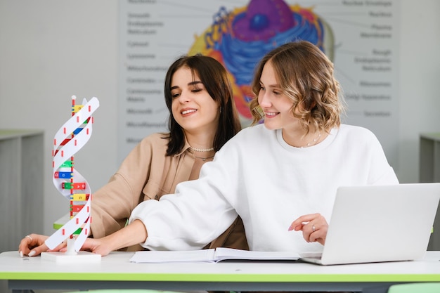 Deux beaux lycéens amis adolescents s'assoient au bureau et étudient avec un ordinateur portable et un modèle en spirale d'ADN à l'intérieur