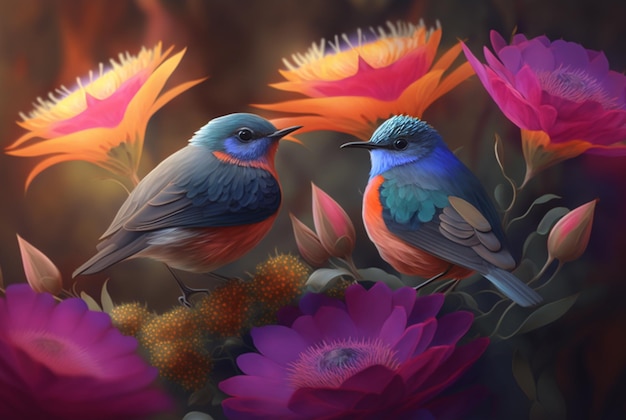 Deux beaux oiseaux au-dessus des fleurs AI générative