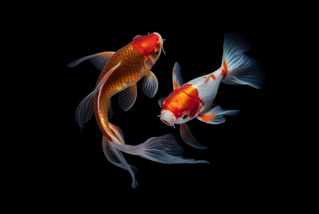 Deux beaux poissons koi isolés sur fond noir ai génératif