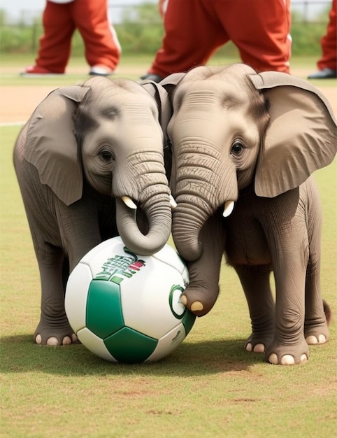 Deux bébés éléphants mignons jouant au football.