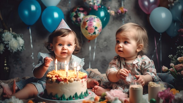 Deux bébés sont assis à une table avec un gâteau d'anniversaire Journée des enfants