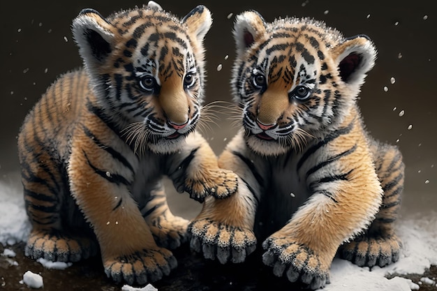 Deux bébés tigres jouant dans la neige sur un fond sombre AI générative