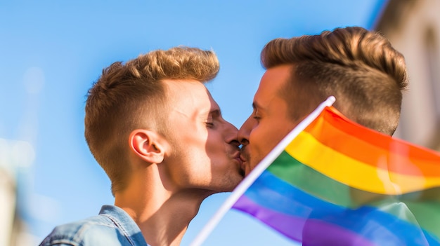 Deux bel homme embrassant un drapeau arc-en-ciel de couple gay en arrière-plan concept de combat de fierté lgbti