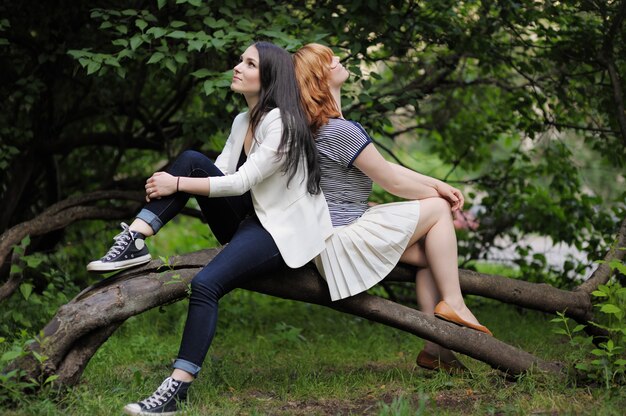 Deux belle jeune femme assise sur l&#39;arbre