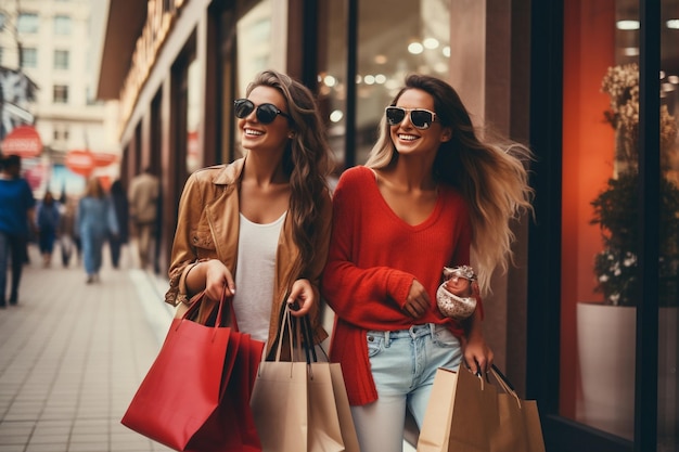 Deux belles femmes font leurs courses en ville.