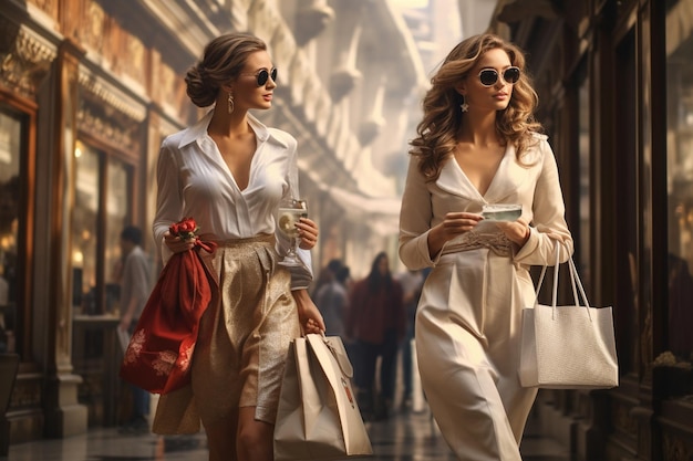 Photo deux belles femmes font leurs courses en ville.