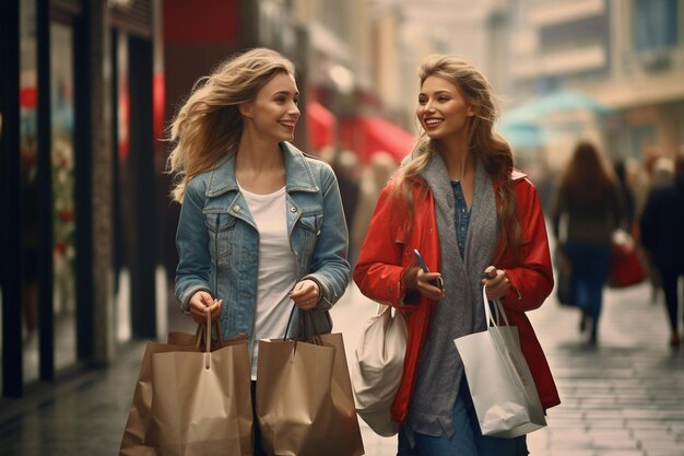 Deux belles femmes font leurs courses en ville.