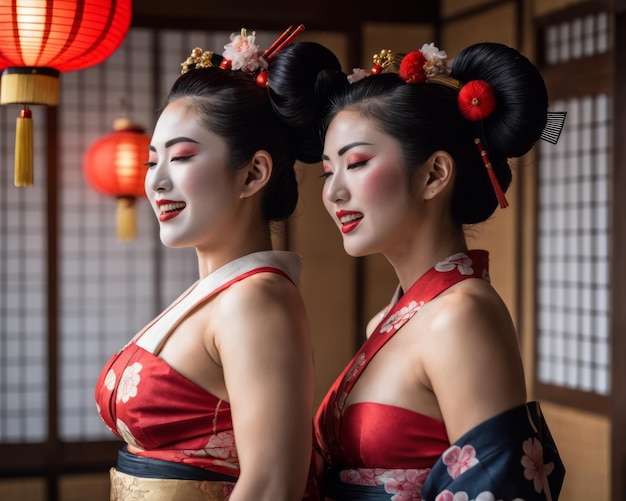 Deux belles femmes japonaises en kimono traditionnel