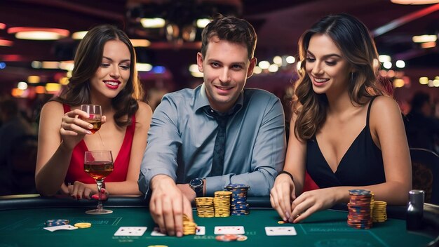 Deux belles femmes et un jeune homme jouent au poker dans un casino. Concentrez-vous sur l'homme et la brune.