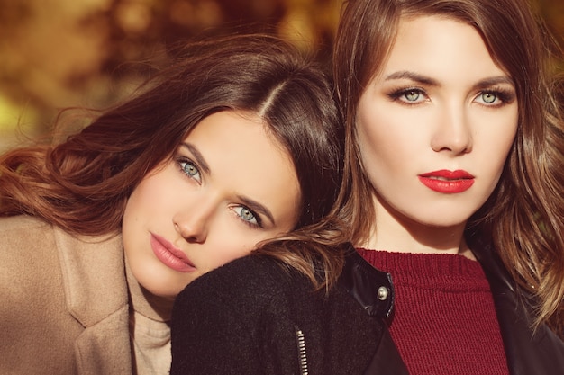 Deux belles femmes mannequins avec maquillage et coiffure à l'extérieur Cute Face Closeup