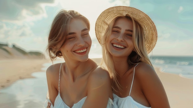 Deux belles filles heureuses sont souriantes sur la plage amusant très époustouflante image étonnante générée par l'IA