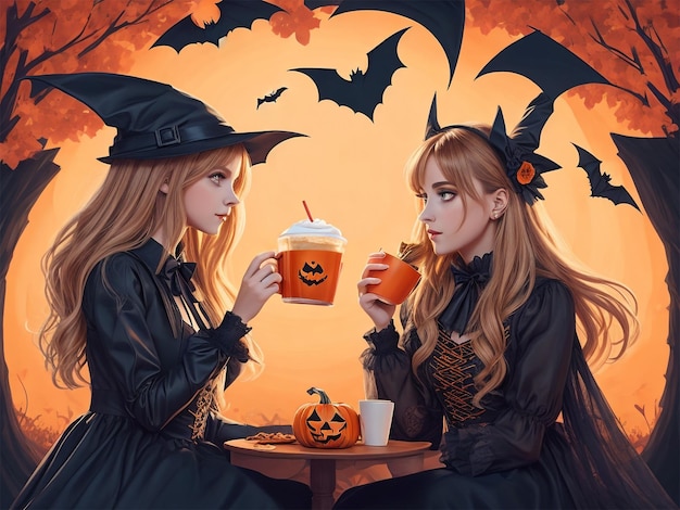 Deux belles filles portant une tenue d'Halloween buvant du café et entourées d'une chauve-souris et d'une citrouille