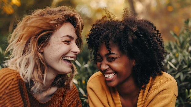 Photo deux belles jeunes femmes rient et se sourient, elles portent toutes les deux des vêtements décontractés et ont les cheveux lâchés.