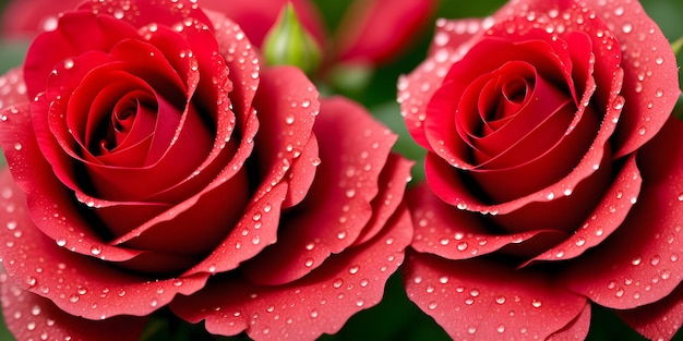 Deux belles roses rouges avec des gouttes de rosée Generative AI