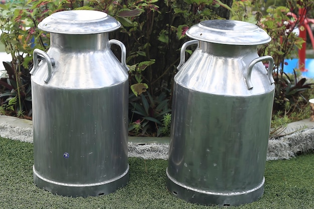 Photo deux bidons de lait géant sur l'herbe