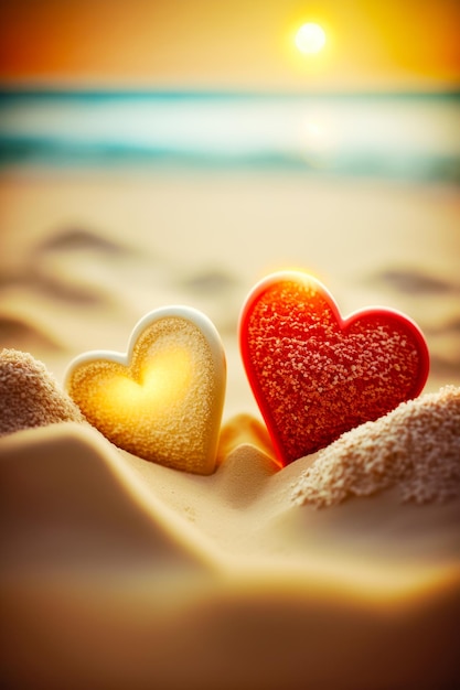 Photo deux biscuits en forme de coeur assis au sommet d'une plage de sable à côté de l'océan generative ai