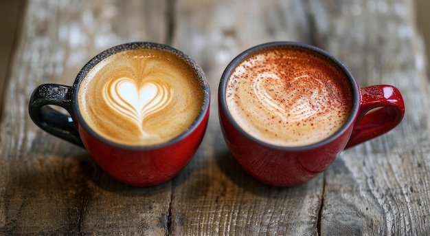 deux boissons au café sur une table en bois avec des coeurs de Saint-Valentin