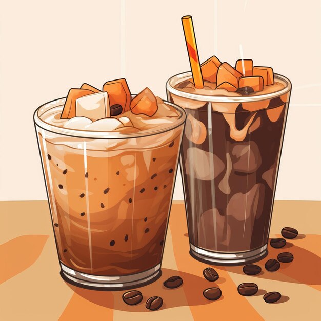 deux boissons avec glace et grains de café sur la table