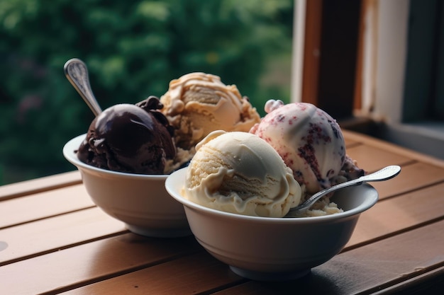 Deux bols de crème glacée sur une table avec une cuillère dans le bol.