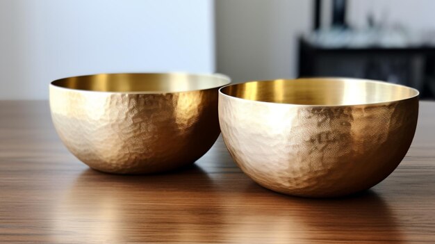 Photo deux bols d'or assis sur une table en bois