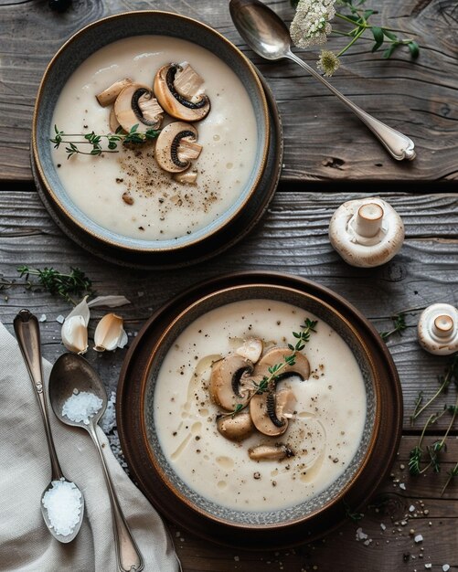 Deux bols de soupe avec des champignons et des herbes