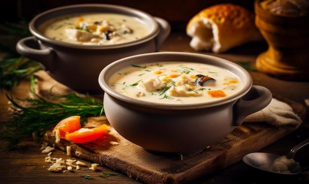 Deux bols de soupe sur une planche à découper avec du pain et de la chapelure AI générative