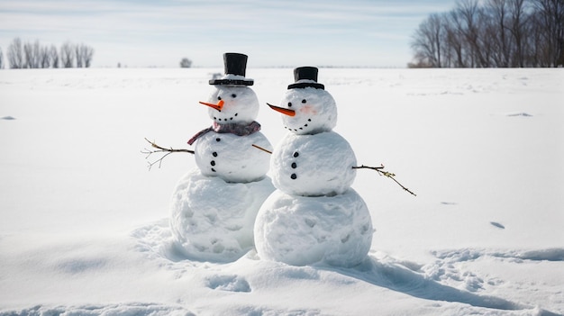 Deux bonhommes de neige debout ensemble dans la neige créés par l'IA générative
