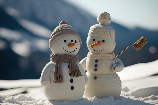 Deux bonhommes de neige en plastique lors d'une journée froide et ensoleillée dans une escapade hivernale en station de ski