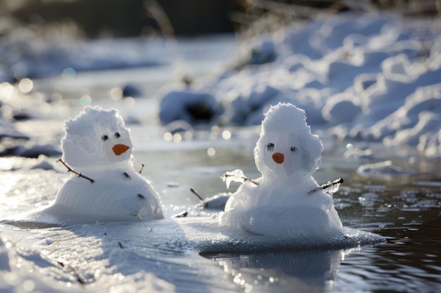 Deux bonhommes de neige qui fondent rapidement au soleil représentent l'impact du changement climatique