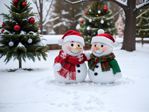 deux bonhommes de neige se tiennent dans la neige