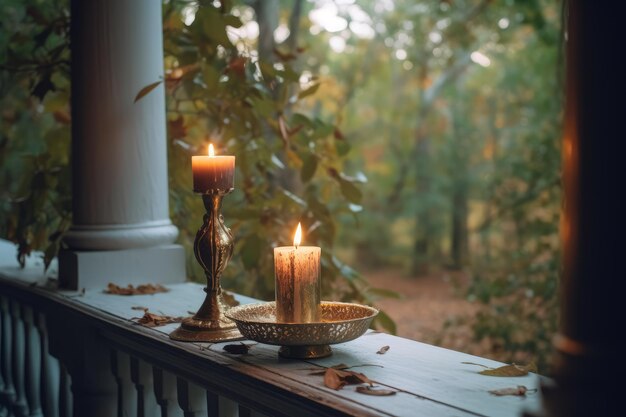 Deux bougies sur un balcon avec des feuilles au sol