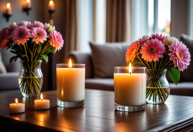 Deux bougies avec des fleurs sont sur une table avec deux bougies