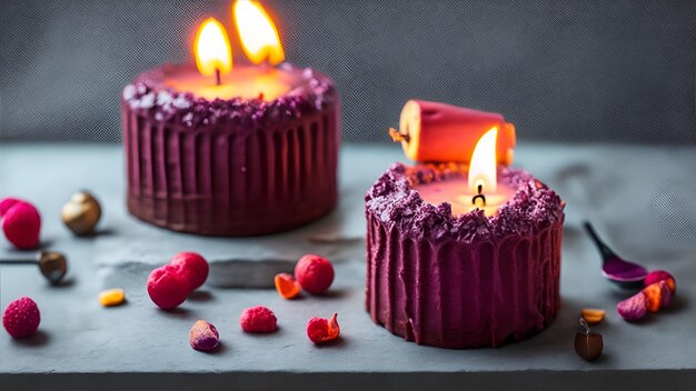 Photo deux bougies violettes sont posées sur une table avec une bougie rouge à côté d'elles.