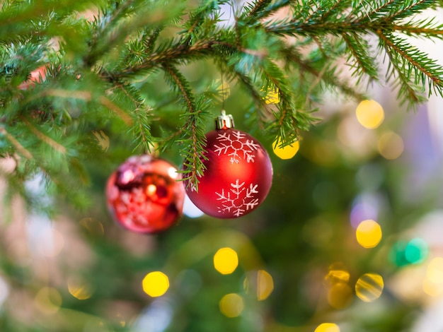 Deux boules rouges sur une branche d'arbre de Noël naturel