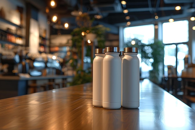 Deux bouteilles blanches sur une table.