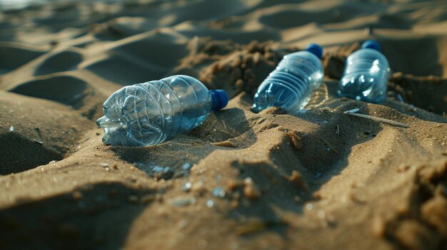 Deux bouteilles d'eau vides dans le sable