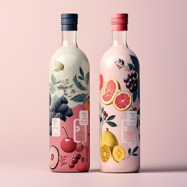 deux bouteilles de fruits et un fond rose avec les mots raisin dessus.