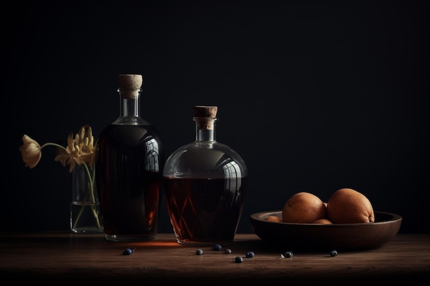 Deux bouteilles d'huile d'olive sont posées sur une table à côté d'un bol de myrtilles.