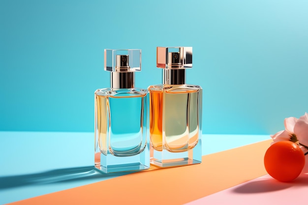 Deux bouteilles de parfum orange l'une à côté de l'autre