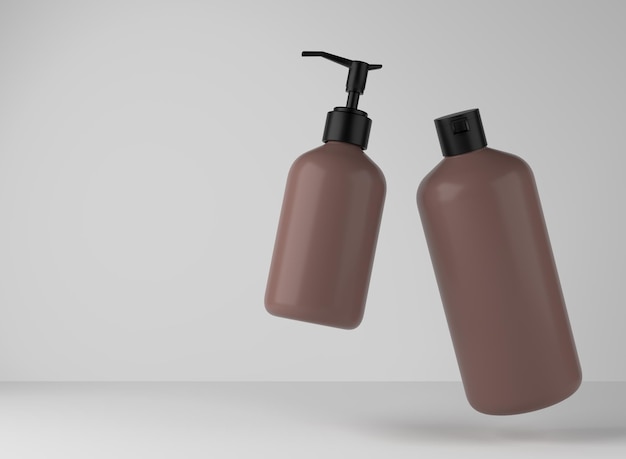 Deux bouteilles en plastique marron pour gel douche et savon liquide flottant sur fond de studio rendu 3D de