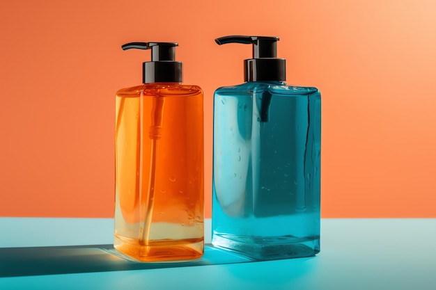 Deux bouteilles de savon avec un liquide bleu et orange sur fond bleu