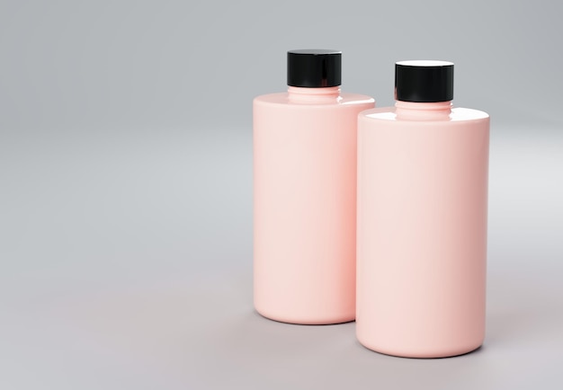 Deux bouteilles de shampoing en plastique rose debout sur fond gris modèle d'affaires de rendu d